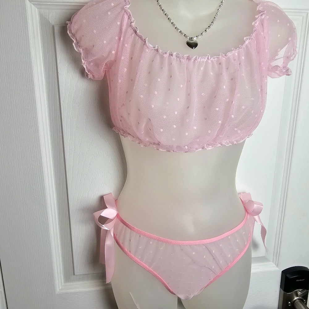 New Coquette Polka-dot Babydoll Lingerie Set M - Picture 3 of 8